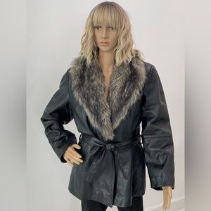 Express Black Leather Jacket with Detachable Faux Fur Collar, (with Thinsulate)